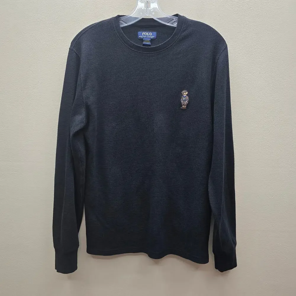 Polo Ralph Lauren Bear Waffle-Knit Thermal Long-Sleeve T-Shirt Black Size Medium